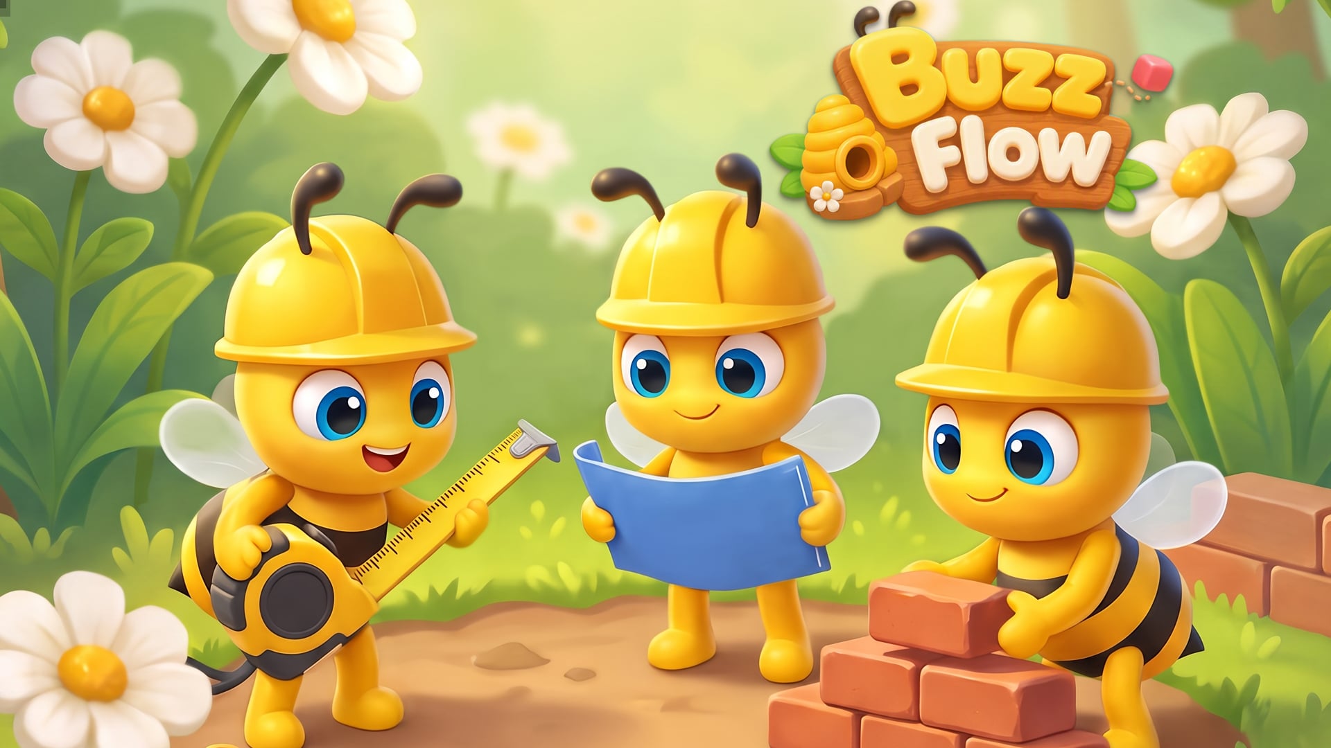 Buzz Flow worker bees in a flower-filled garden