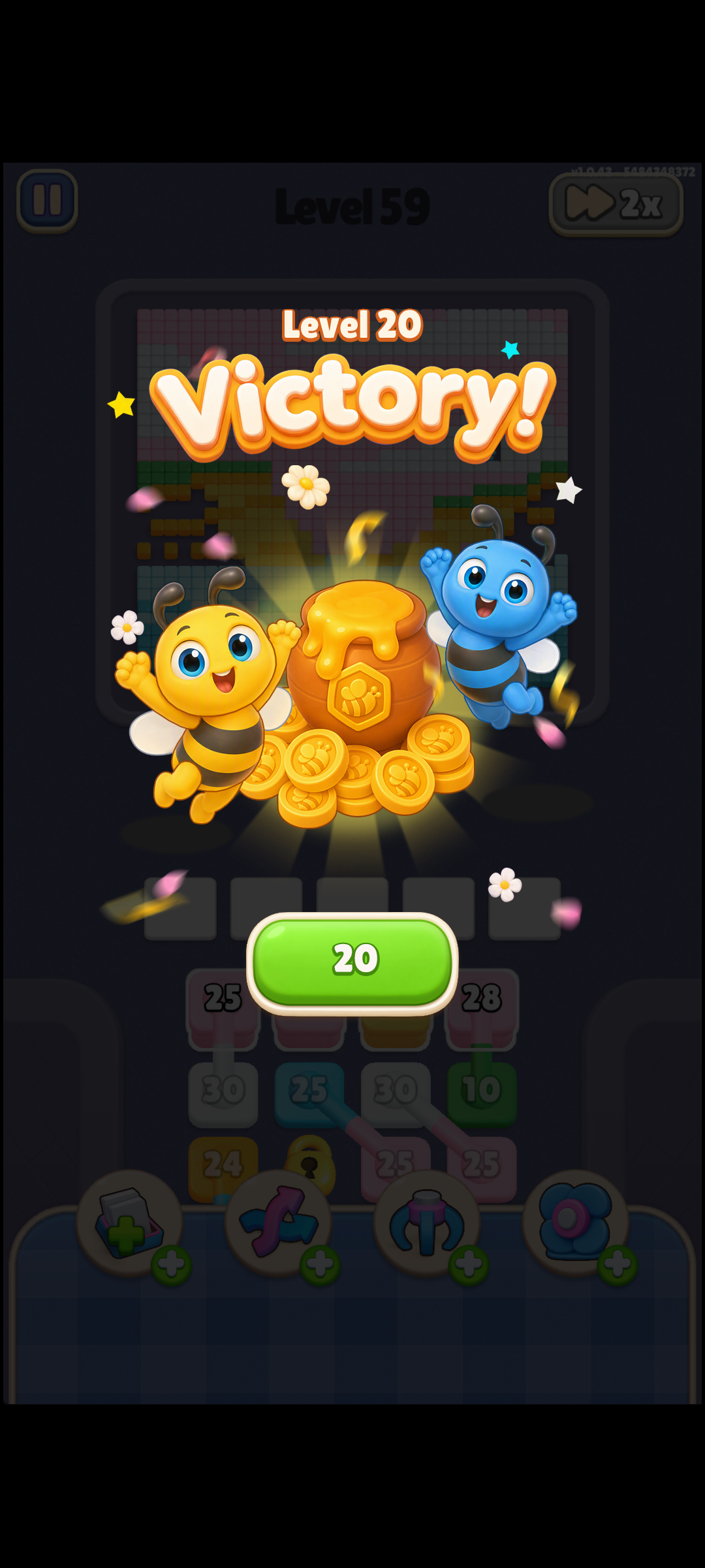 Buzz Flow victory screen with celebrating bees and honey
